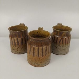 Handmade Studio Art Pottery Coffee Mug Drip Glaze Speckled Signed Set Of 3